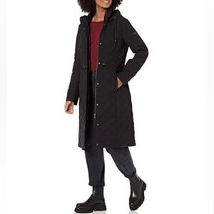 DKNY Women's Black Everyday Outerwear Walker Long Quilt Jacket Size L